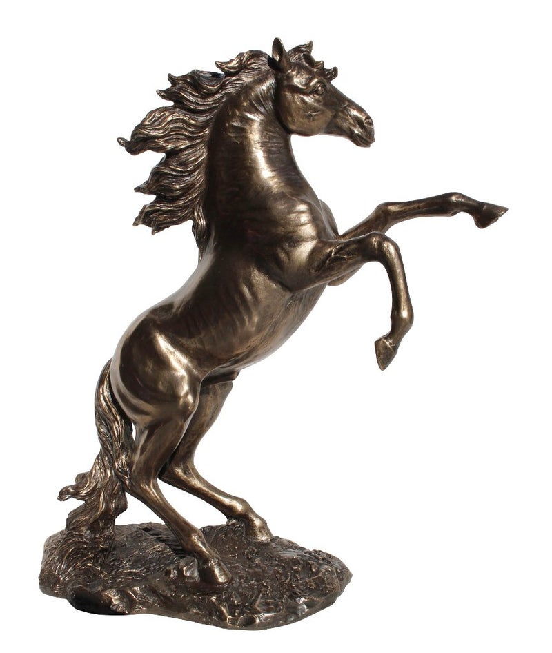 US 12.38 Inch Rearing Stallion Cold Cast Statue Figurine, Bronze Color - Image 2